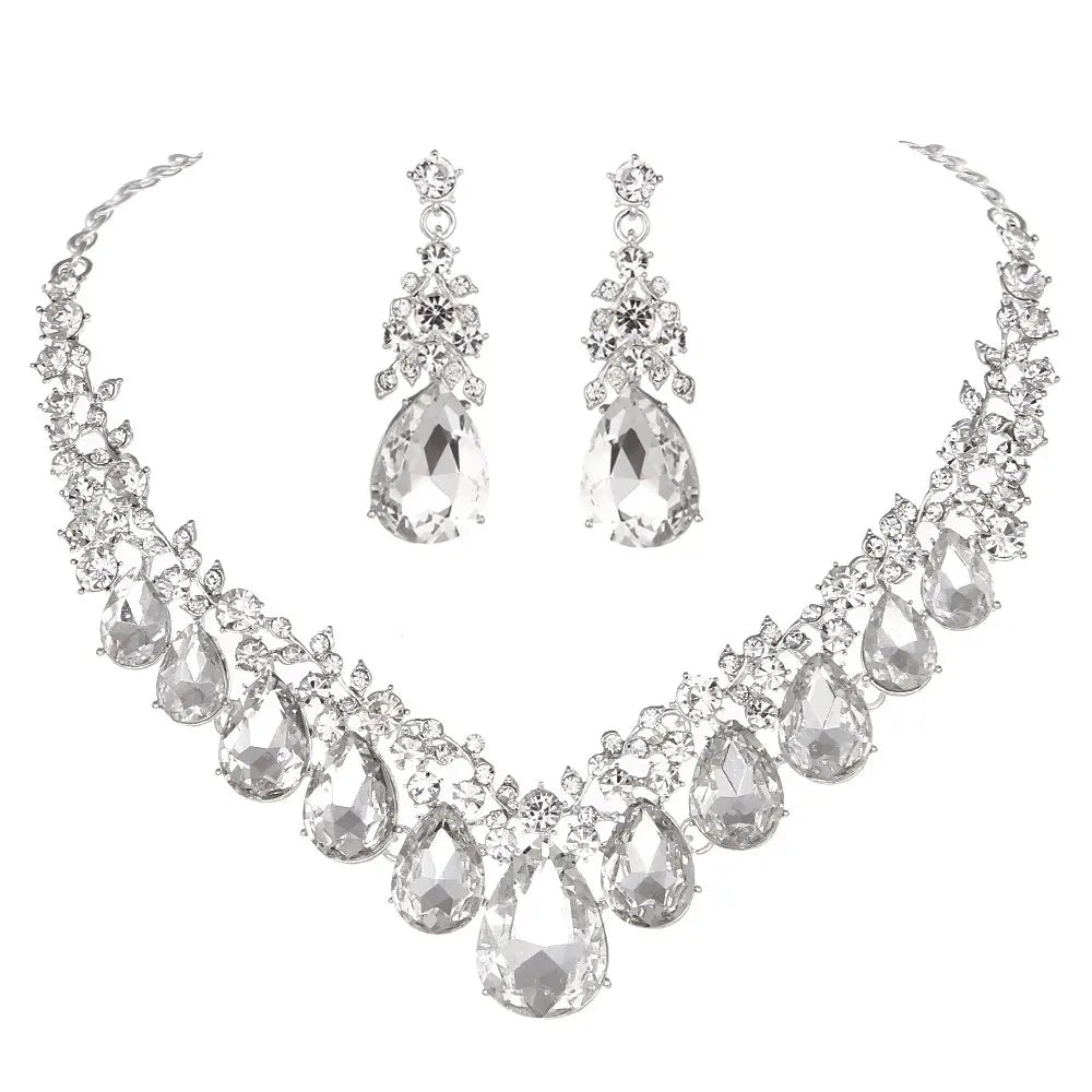 Crystal Rhinestone Women Jewelry Sets Bridal Wedding And Party Dress Necklace Sets Waterdrop Shape Necklace Earrings Summer