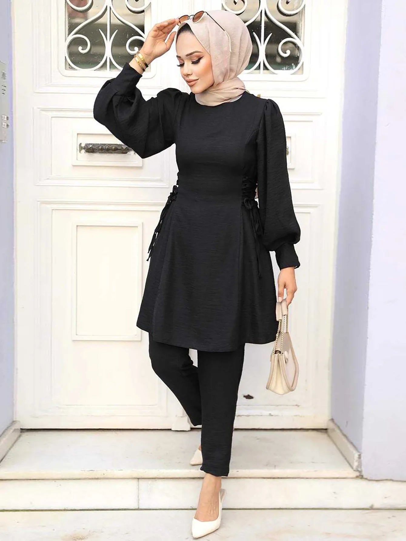 2 Piece Dubai Muslim Women Clothing Elegant Middle East Modest Top and Pants Sets 2024 Islamic Turkish Clothes Solid Outfits