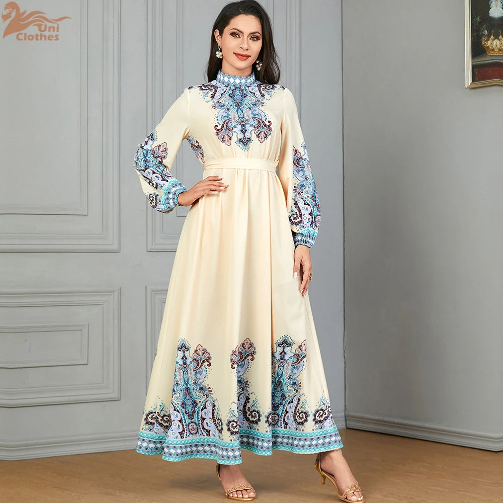 Uni Floral Print Muslim Woman Dress High Neck Pleated Balloon Sleeve Dubai Abaya With Belt Elegant Loose Moroccan Kaftan 