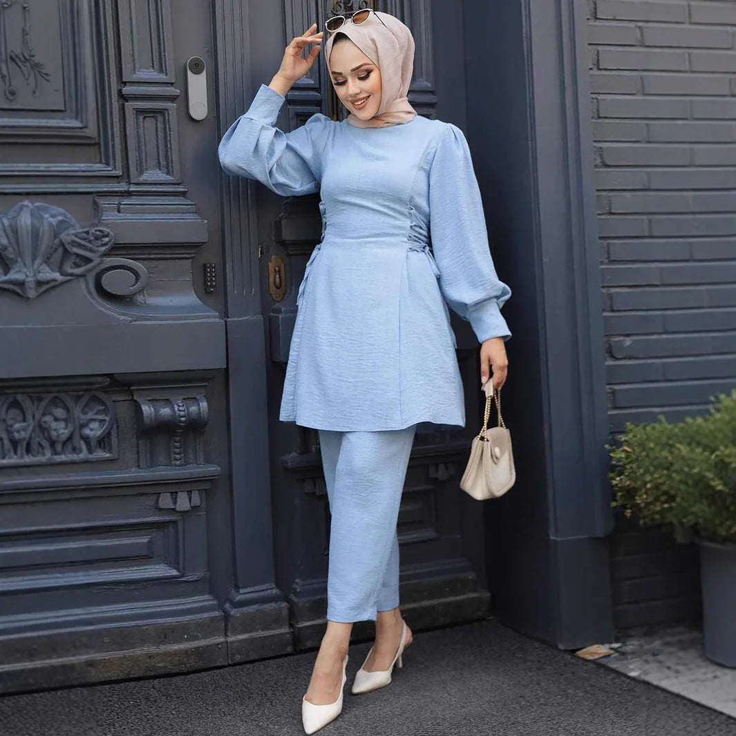 2 Piece Dubai Muslim Women Clothing Elegant Middle East Modest Top and Pants Sets 2024 Islamic Turkish Clothes Solid Outfits