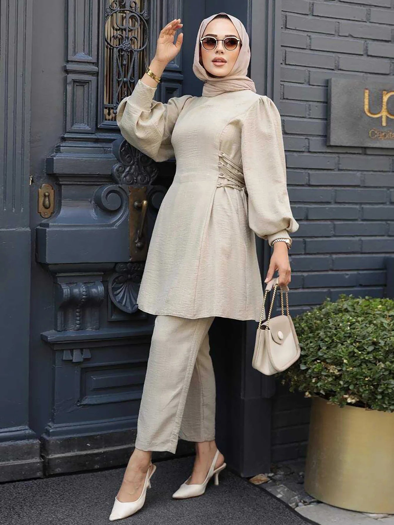 2 Piece Dubai Muslim Women Clothing Elegant Middle East Modest Top and Pants Sets 2024 Islamic Turkish Clothes Solid Outfits