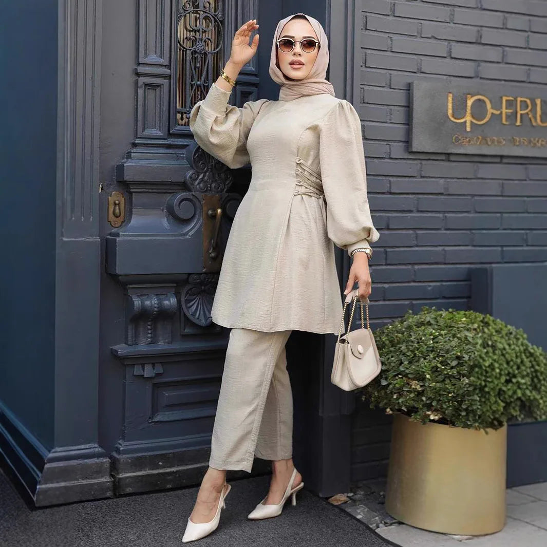2 Piece Dubai Muslim Women Clothing Elegant Middle East Modest Top and Pants Sets 2024 Islamic Turkish Clothes Solid Outfits