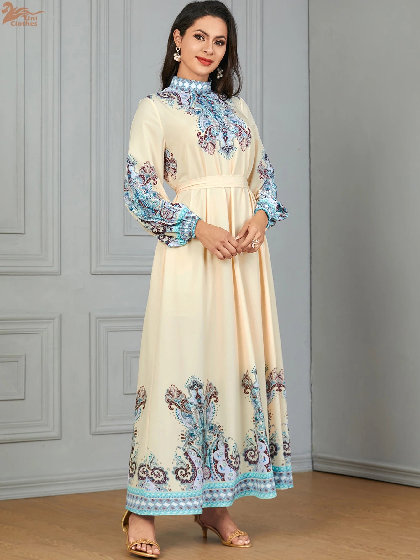 Uni Floral Print Muslim Woman Dress High Neck Pleated Balloon Sleeve Dubai Abaya With Belt Elegant Loose Moroccan Kaftan 