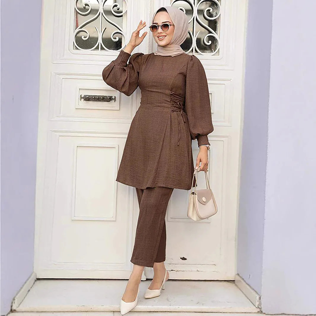 2 Piece Dubai Muslim Women Clothing Elegant Middle East Modest Top and Pants Sets 2024 Islamic Turkish Clothes Solid Outfits