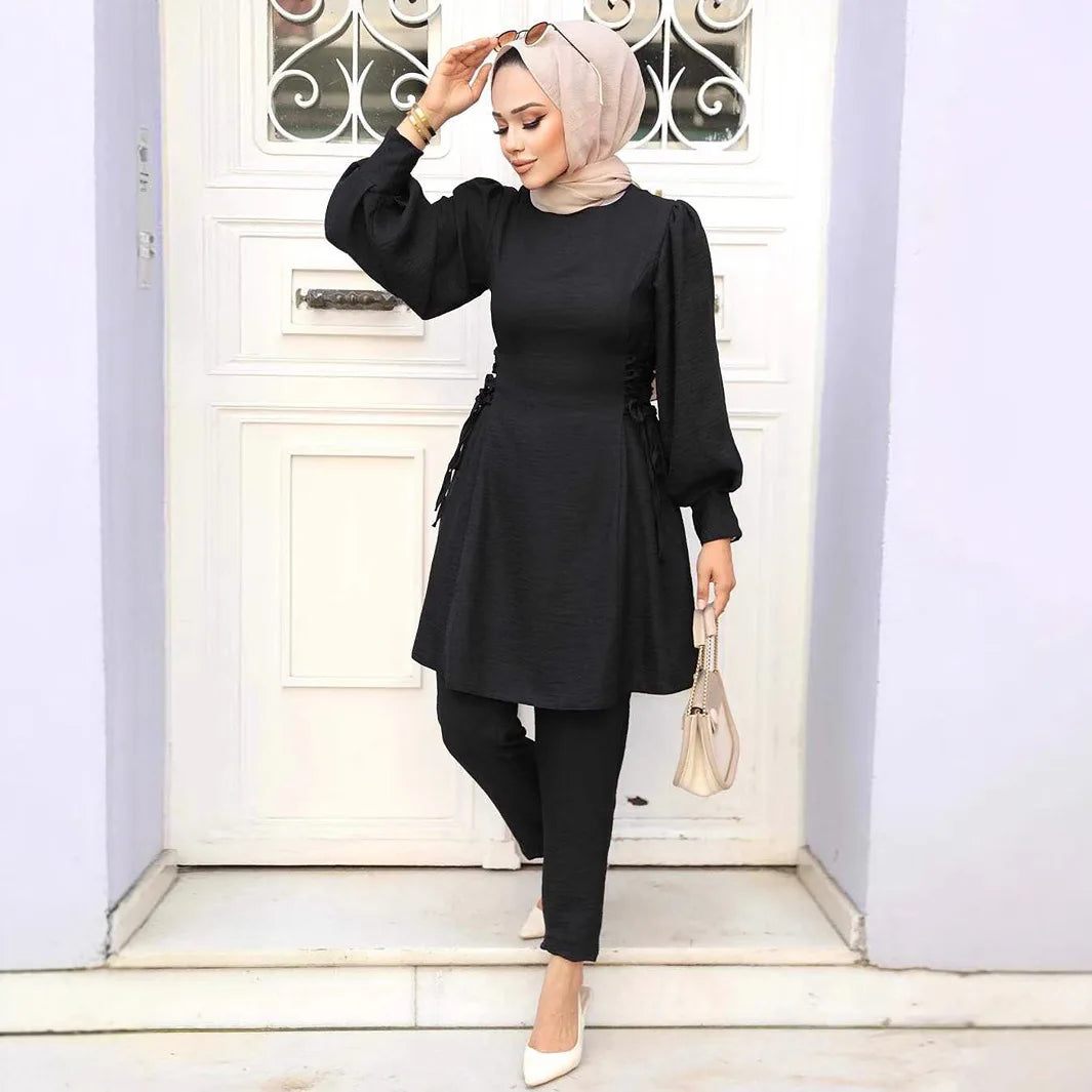 2 Piece Dubai Muslim Women Clothing Elegant Middle East Modest Top and Pants Sets 2024 Islamic Turkish Clothes Solid Outfits