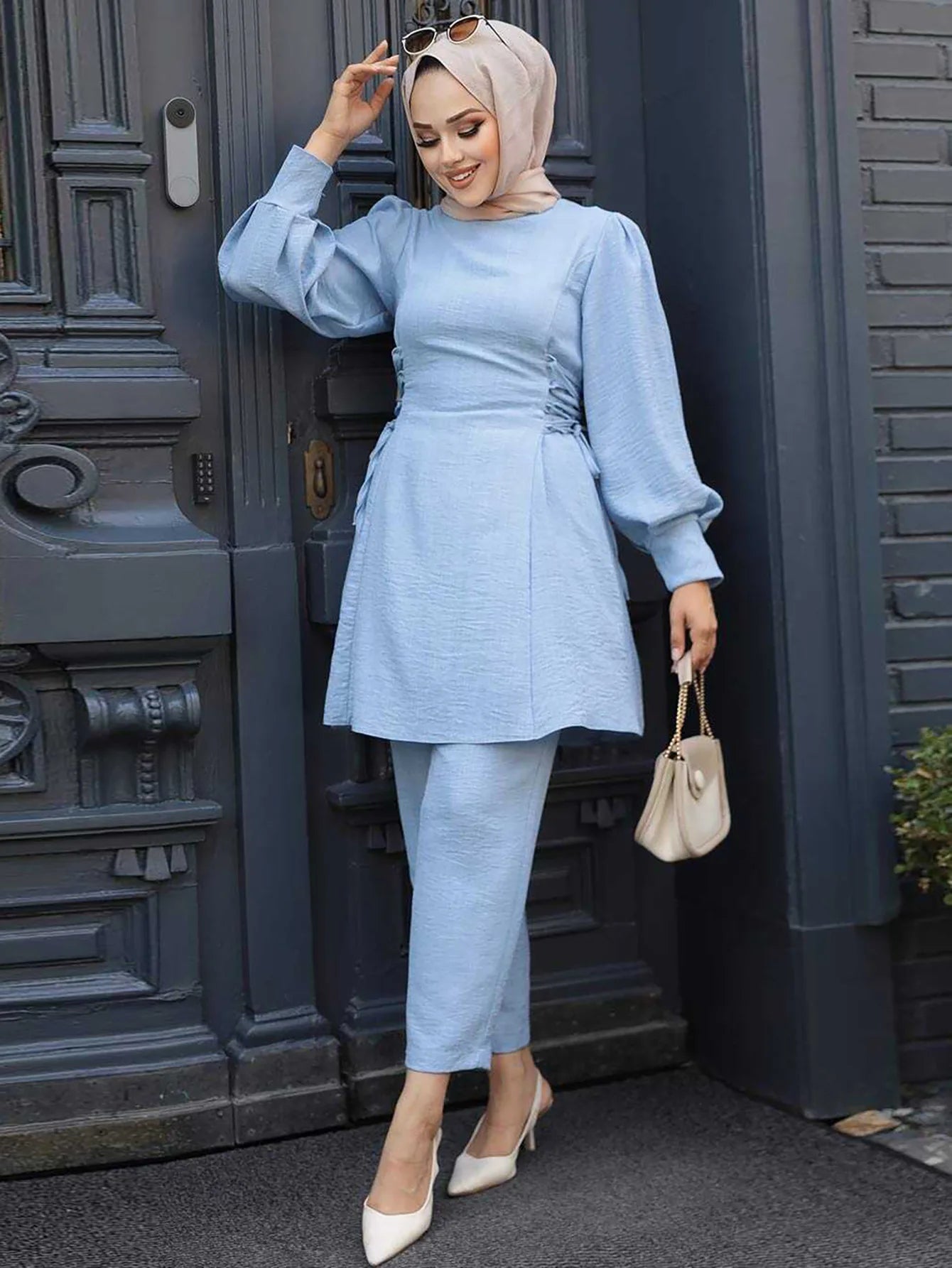 2 Piece Dubai Muslim Women Clothing Elegant Middle East Modest Top and Pants Sets 2024 Islamic Turkish Clothes Solid Outfits