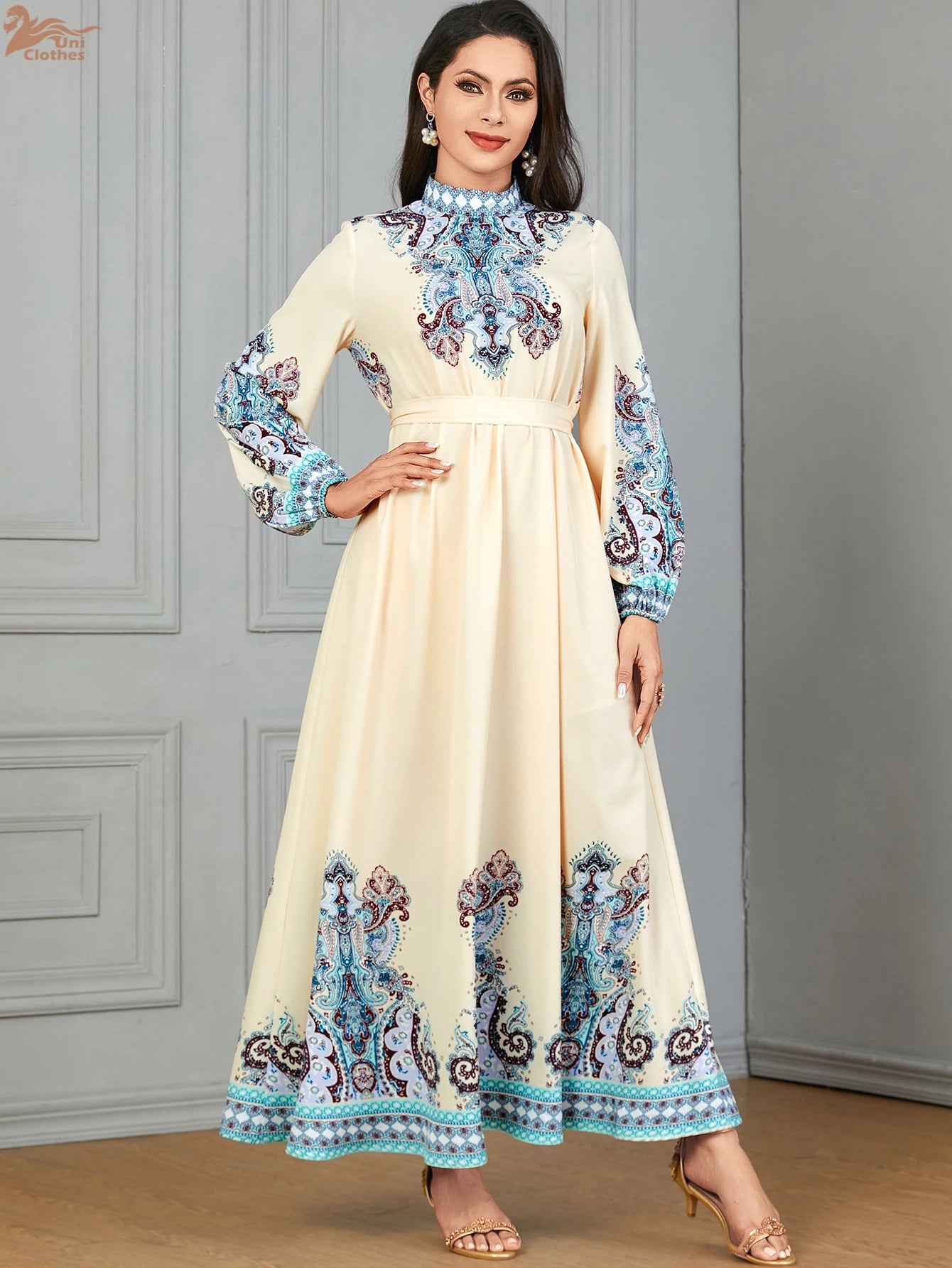 Uni Floral Print Muslim Woman Dress High Neck Pleated Balloon Sleeve Dubai Abaya With Belt Elegant Loose Moroccan Kaftan 