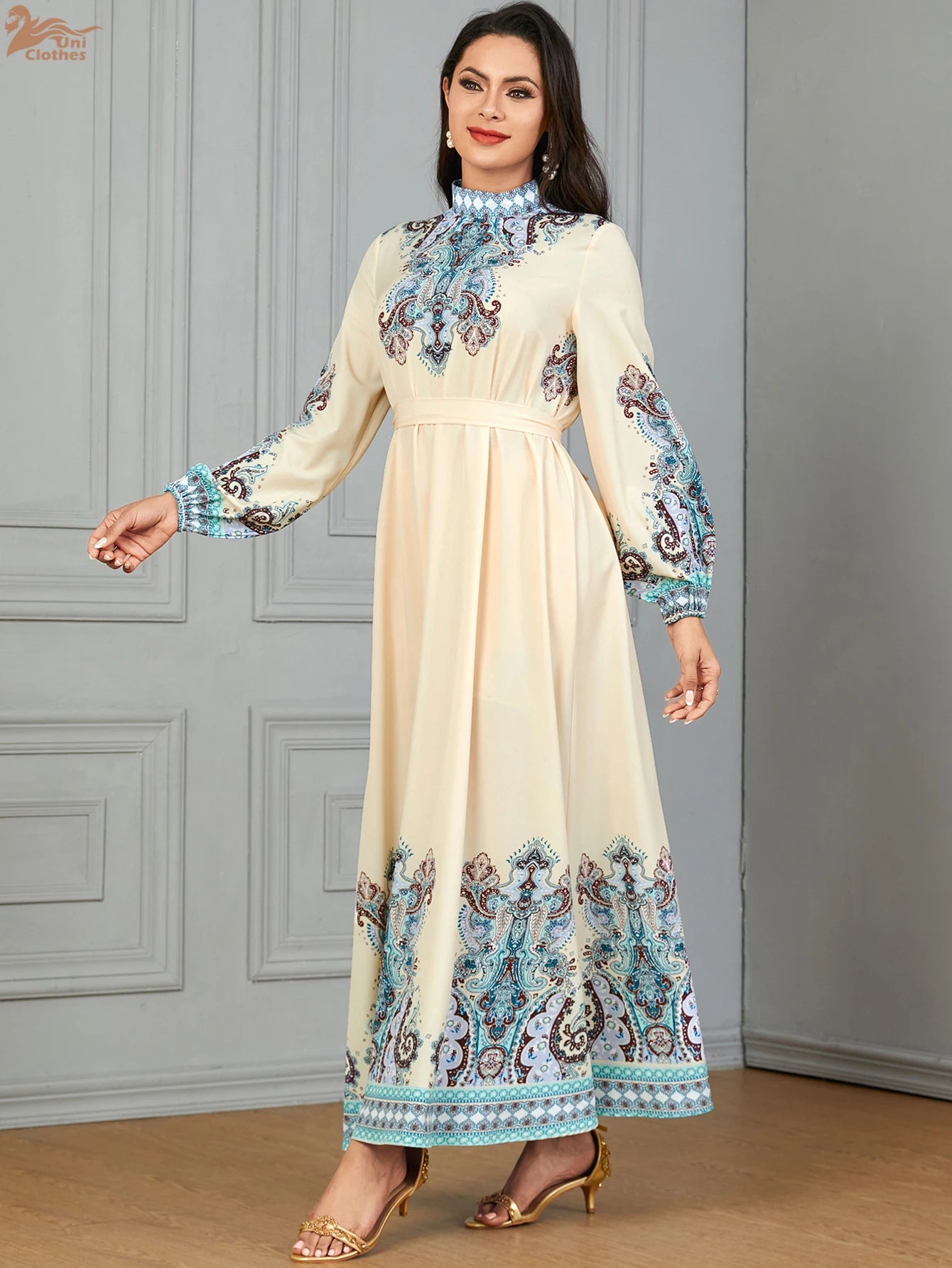Uni Floral Print Muslim Woman Dress High Neck Pleated Balloon Sleeve Dubai Abaya With Belt Elegant Loose Moroccan Kaftan 