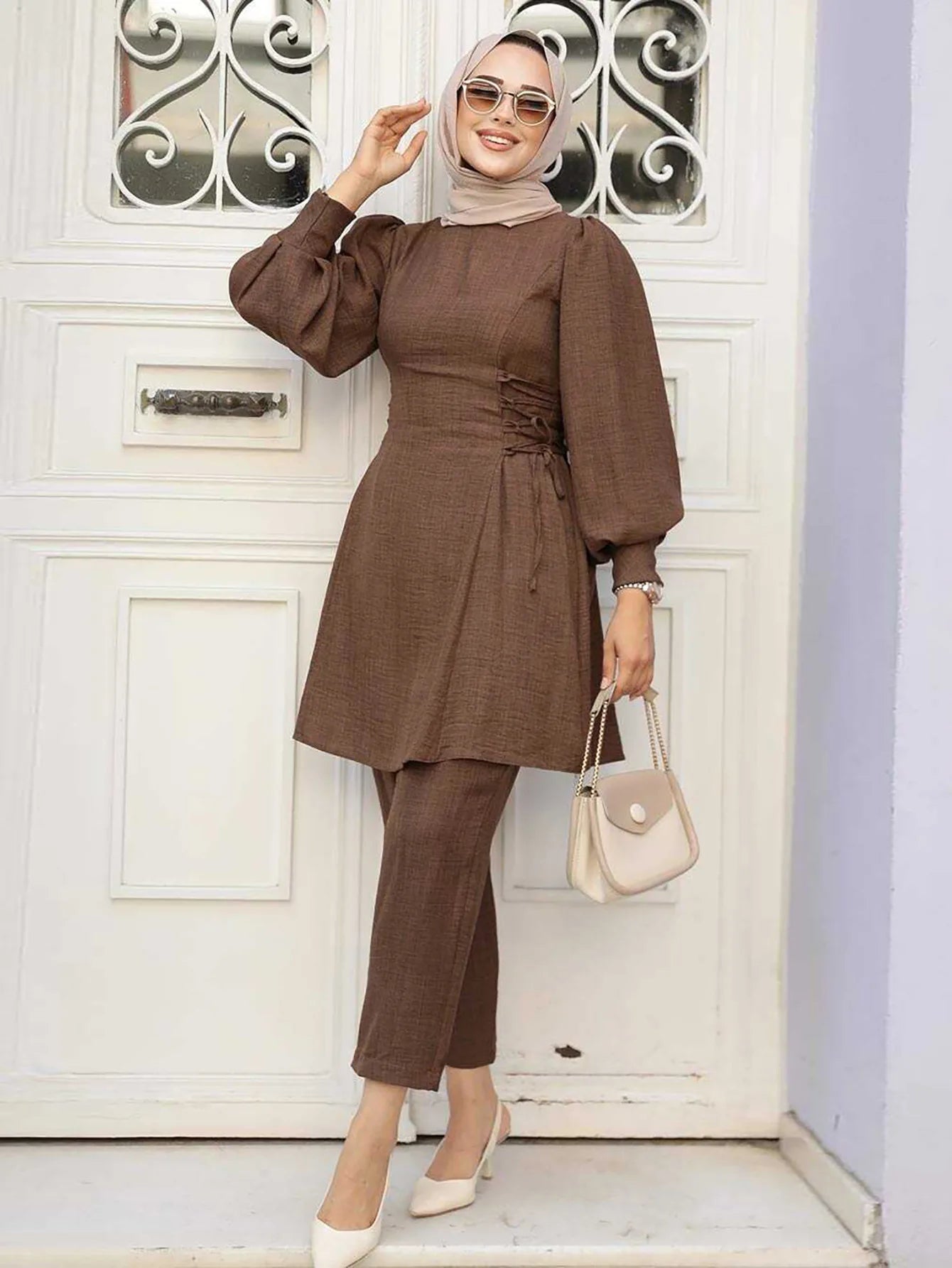 2 Piece Dubai Muslim Women Clothing Elegant Middle East Modest Top and Pants Sets 2024 Islamic Turkish Clothes Solid Outfits