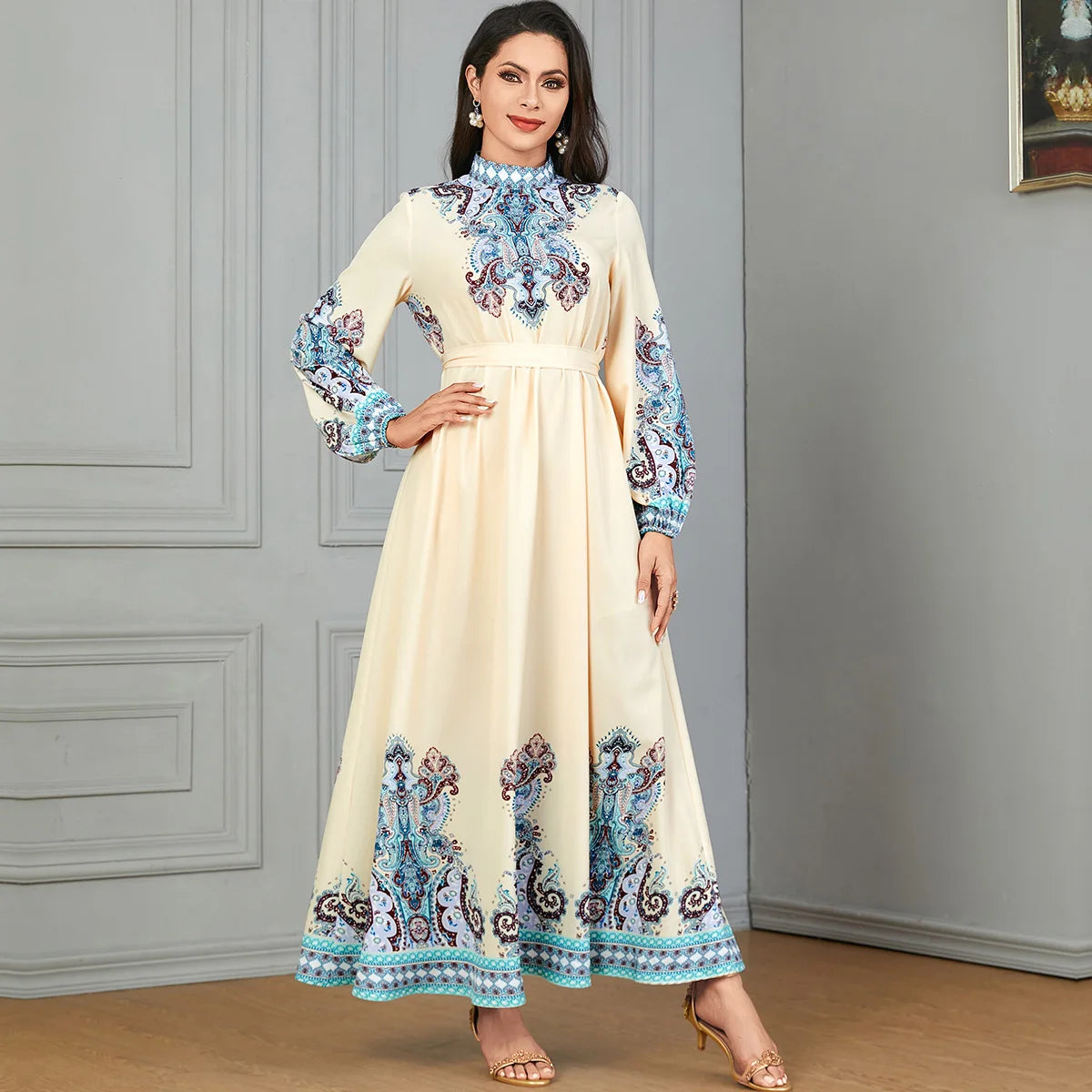 Uni Floral Print Muslim Woman Dress High Neck Pleated Balloon Sleeve Dubai Abaya With Belt Elegant Loose Moroccan Kaftan 