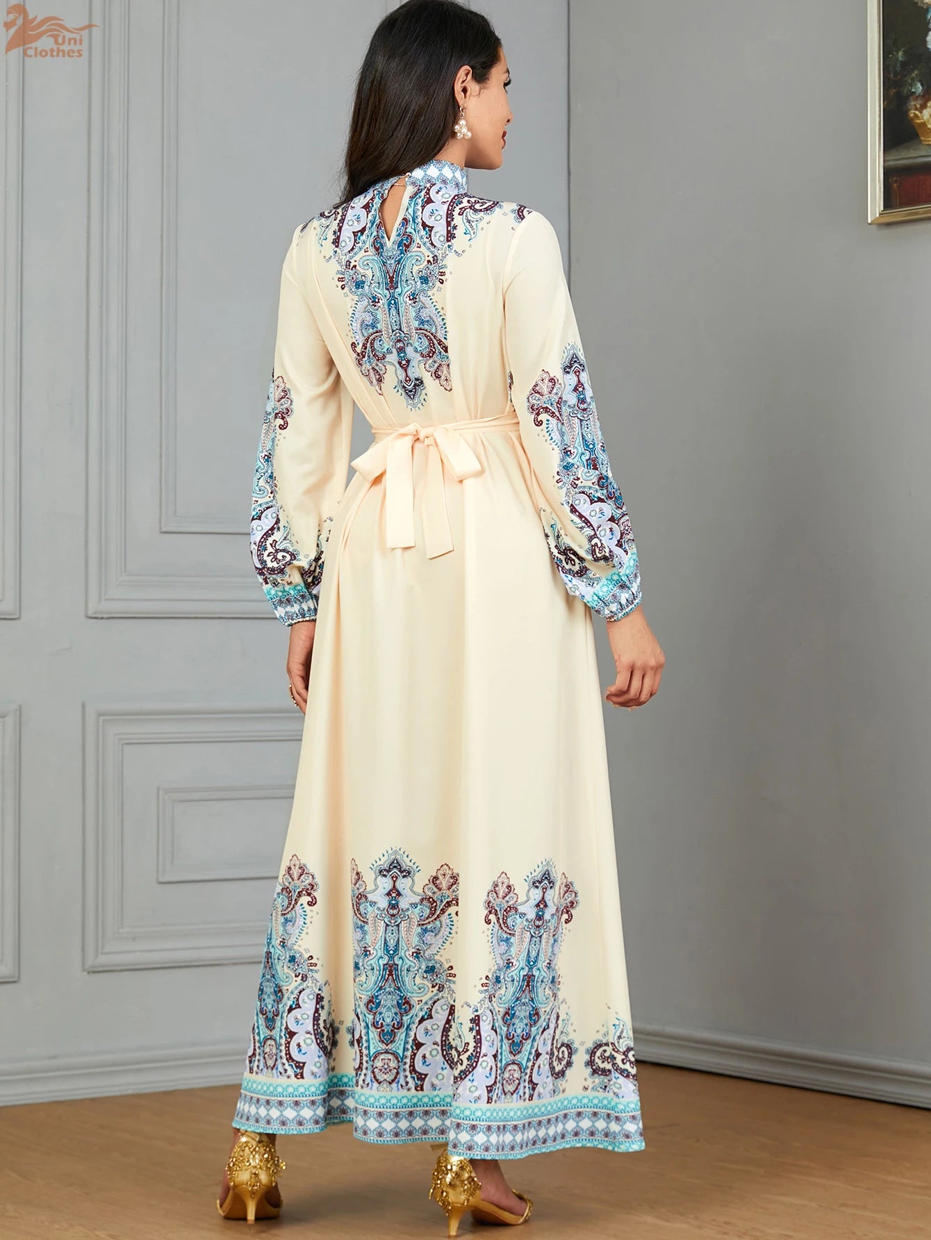 Uni Floral Print Muslim Woman Dress High Neck Pleated Balloon Sleeve Dubai Abaya With Belt Elegant Loose Moroccan Kaftan 