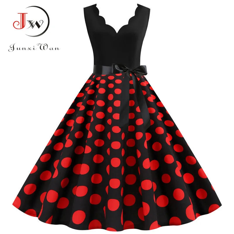 Women Retro Summer Dresses 50s 60s  Sleeveless V-neck Polka Dot Bow Ball Grown Party Sundress Robe Vestidos