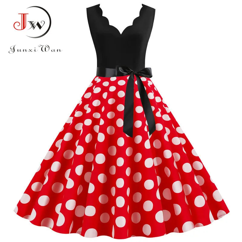 Women Retro Summer Dresses 50s 60s  Sleeveless V-neck Polka Dot Bow Ball Grown Party Sundress Robe Vestidos