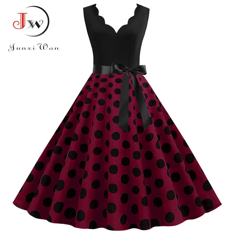 Women Retro Summer Dresses 50s 60s  Sleeveless V-neck Polka Dot Bow Ball Grown Party Sundress Robe Vestidos