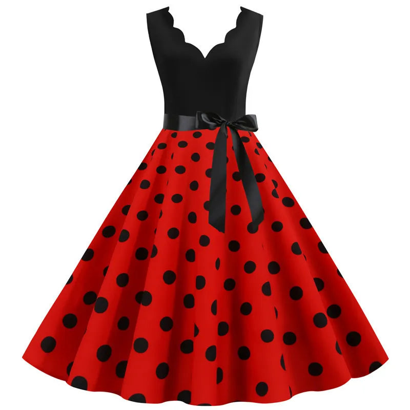 Women Retro Summer Dresses 50s 60s  Sleeveless V-neck Polka Dot Bow Ball Grown Party Sundress Robe Vestidos