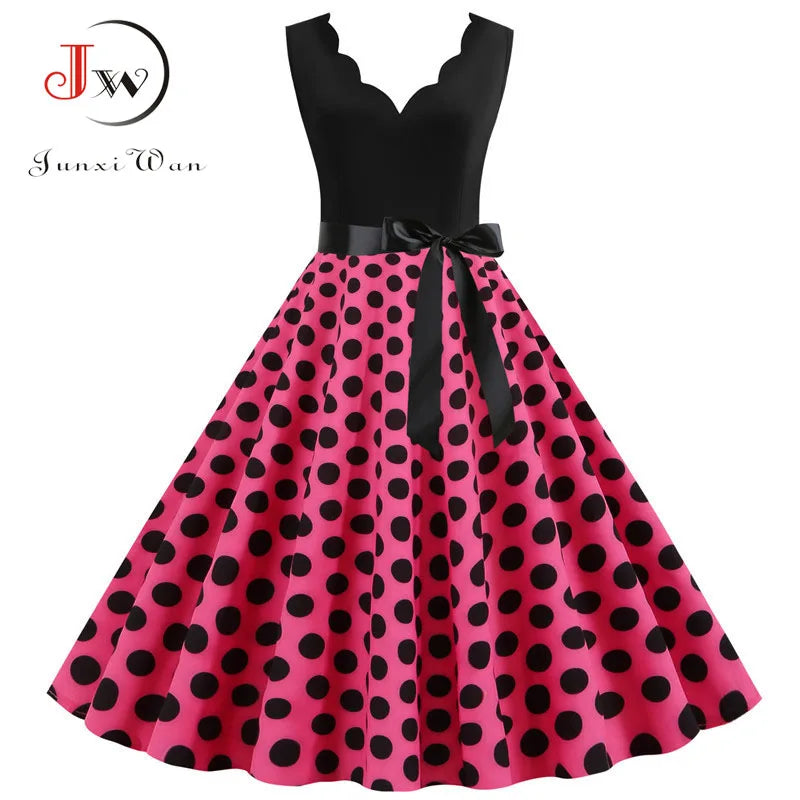 Women Retro Summer Dresses 50s 60s  Sleeveless V-neck Polka Dot Bow Ball Grown Party Sundress Robe Vestidos