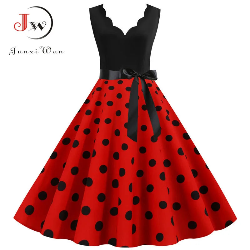 Women Retro Summer Dresses 50s 60s  Sleeveless V-neck Polka Dot Bow Ball Grown Party Sundress Robe Vestidos