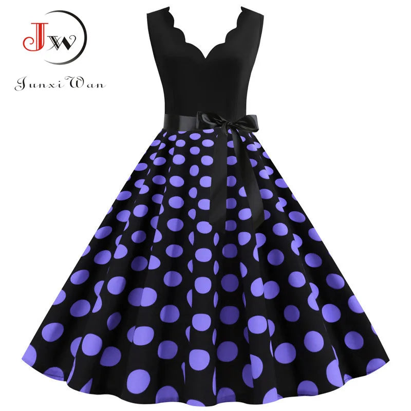 Women Retro Summer Dresses 50s 60s  Sleeveless V-neck Polka Dot Bow Ball Grown Party Sundress Robe Vestidos