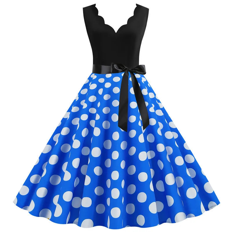 Women Retro Summer Dresses 50s 60s  Sleeveless V-neck Polka Dot Bow Ball Grown Party Sundress Robe Vestidos