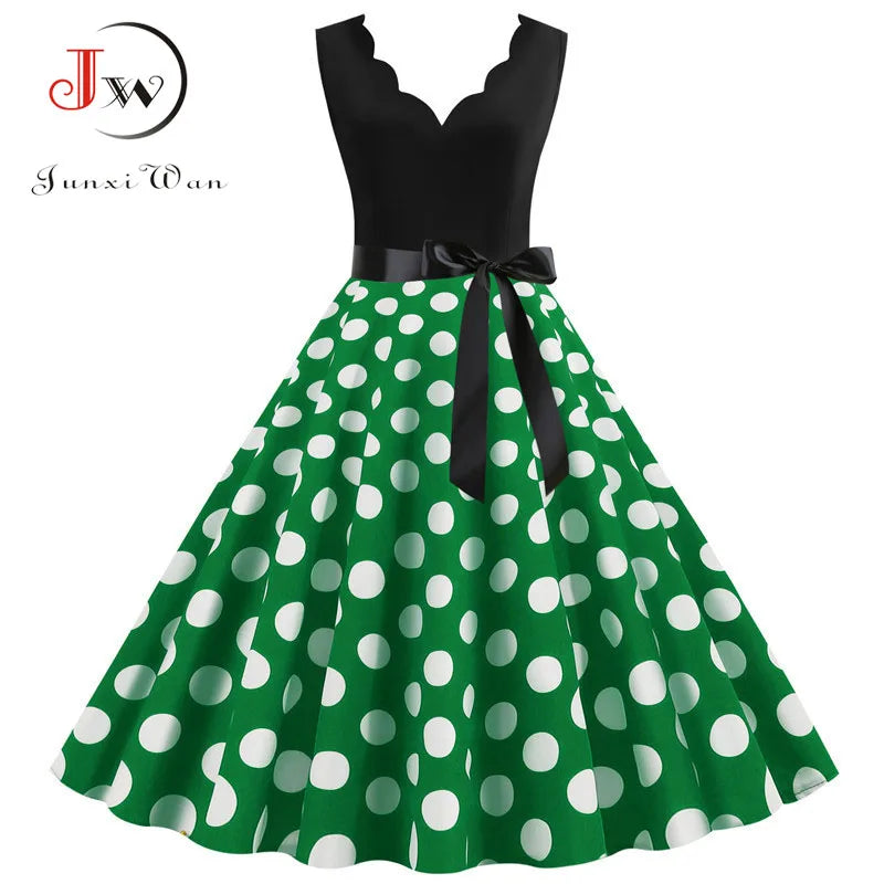 Women Retro Summer Dresses 50s 60s  Sleeveless V-neck Polka Dot Bow Ball Grown Party Sundress Robe Vestidos