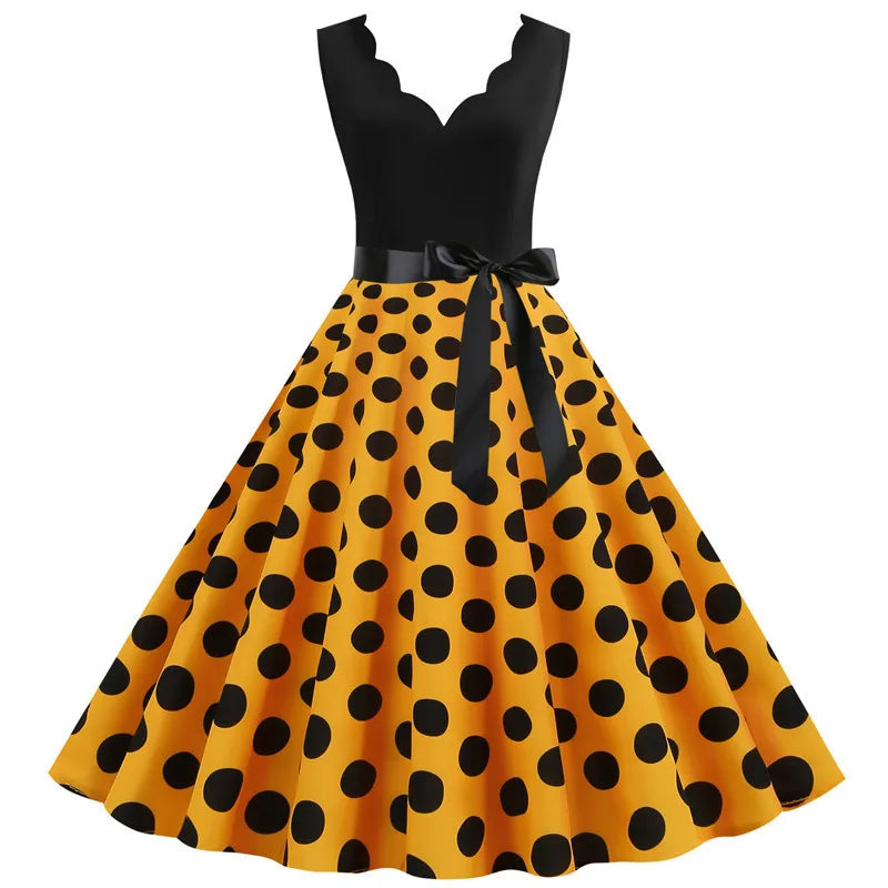 Women Retro Summer Dresses 50s 60s  Sleeveless V-neck Polka Dot Bow Ball Grown Party Sundress Robe Vestidos