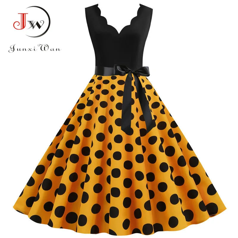 Women Retro Summer Dresses 50s 60s  Sleeveless V-neck Polka Dot Bow Ball Grown Party Sundress Robe Vestidos