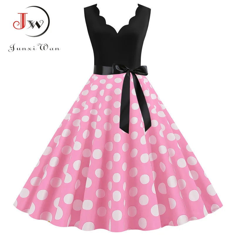 Women Retro Summer Dresses 50s 60s  Sleeveless V-neck Polka Dot Bow Ball Grown Party Sundress Robe Vestidos