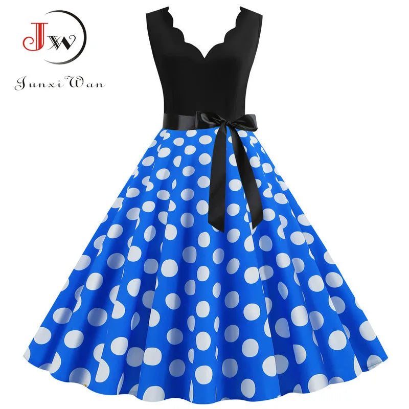 Women Retro Summer Dresses 50s 60s  Sleeveless V-neck Polka Dot Bow Ball Grown Party Sundress Robe Vestidos