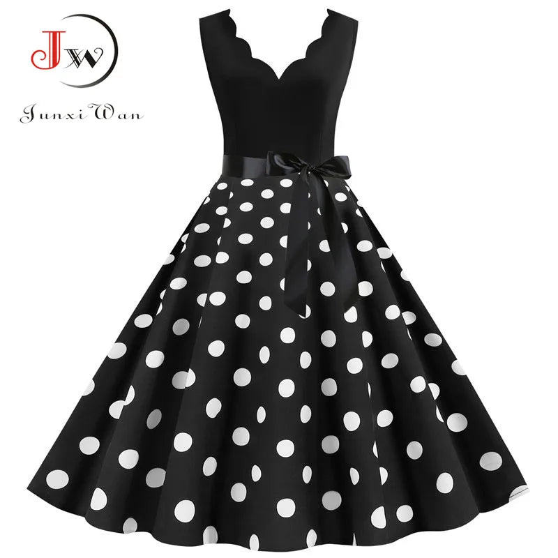Women Retro Summer Dresses 50s 60s  Sleeveless V-neck Polka Dot Bow Ball Grown Party Sundress Robe Vestidos