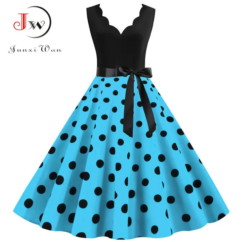 Women Retro Summer Dresses 50s 60s  Sleeveless V-neck Polka Dot Bow Ball Grown Party Sundress Robe Vestidos