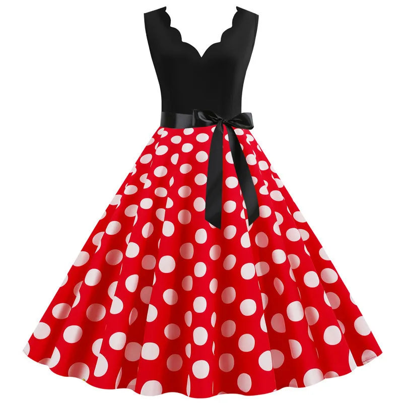 Women Retro Summer Dresses 50s 60s  Sleeveless V-neck Polka Dot Bow Ball Grown Party Sundress Robe Vestidos