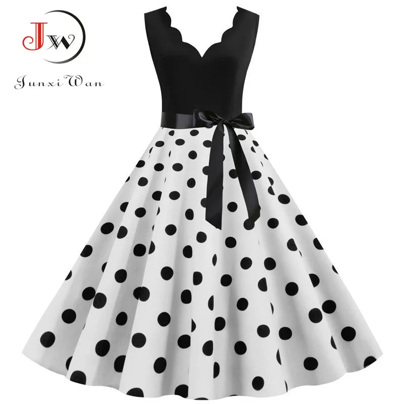 Women Retro Summer Dresses 50s 60s  Sleeveless V-neck Polka Dot Bow Ball Grown Party Sundress Robe Vestidos