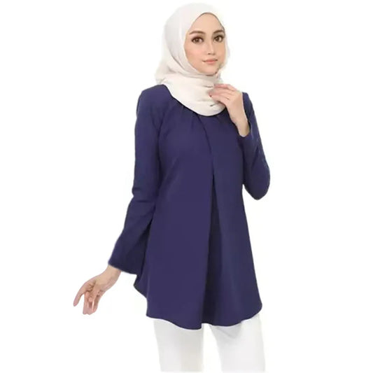 New Fashion Women Shirt Autumn Vintage Blouse Round Neck Long Sleeve Ladies Muslim Tops Casual Abaya Holiday Work Blusas Mujer