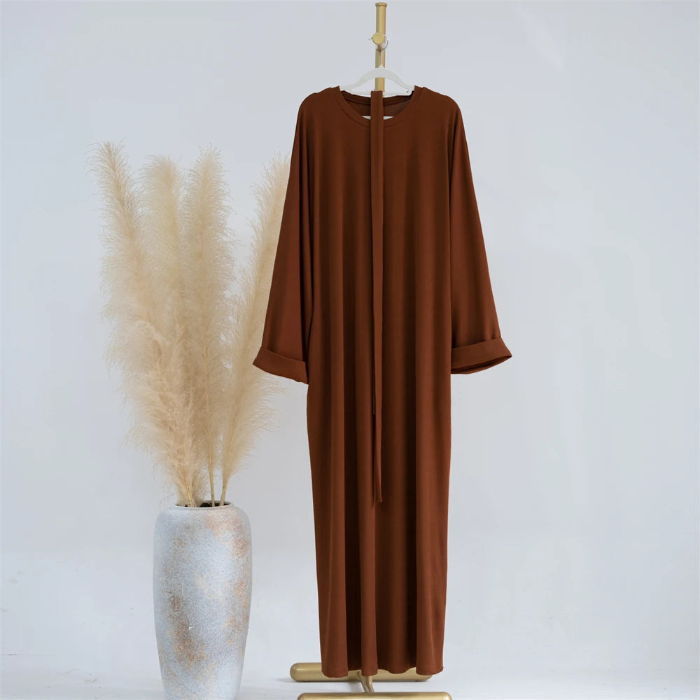 Women Dubai Abaya Turkey Hijab Dress Autumn Winter Ribbed Solid Muslim Islamic Clothing Long Sleeve Maxi Long Dress Eid Ramadan