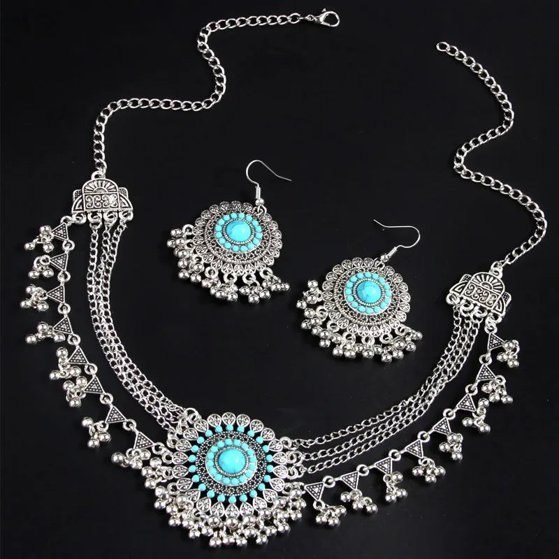 New Ethnic Vintage Women's Earrings Necklace Set Indian Jewelry Set Beads Tassel Dangling Earrings Set Women Accessory Gifts