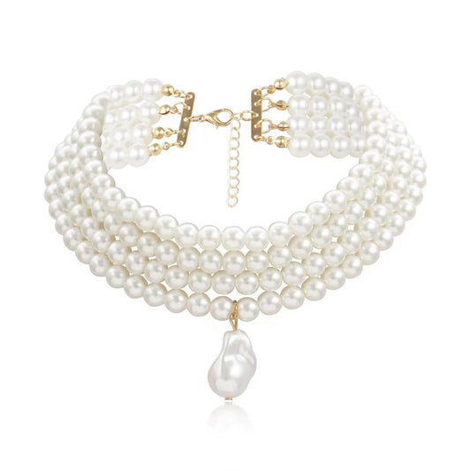 Fashion Elegant Necklace With Shaped Pendant Multilayer White Imitation Pearl Choker Wide Necklace Jewelry Gifts For Women Girls