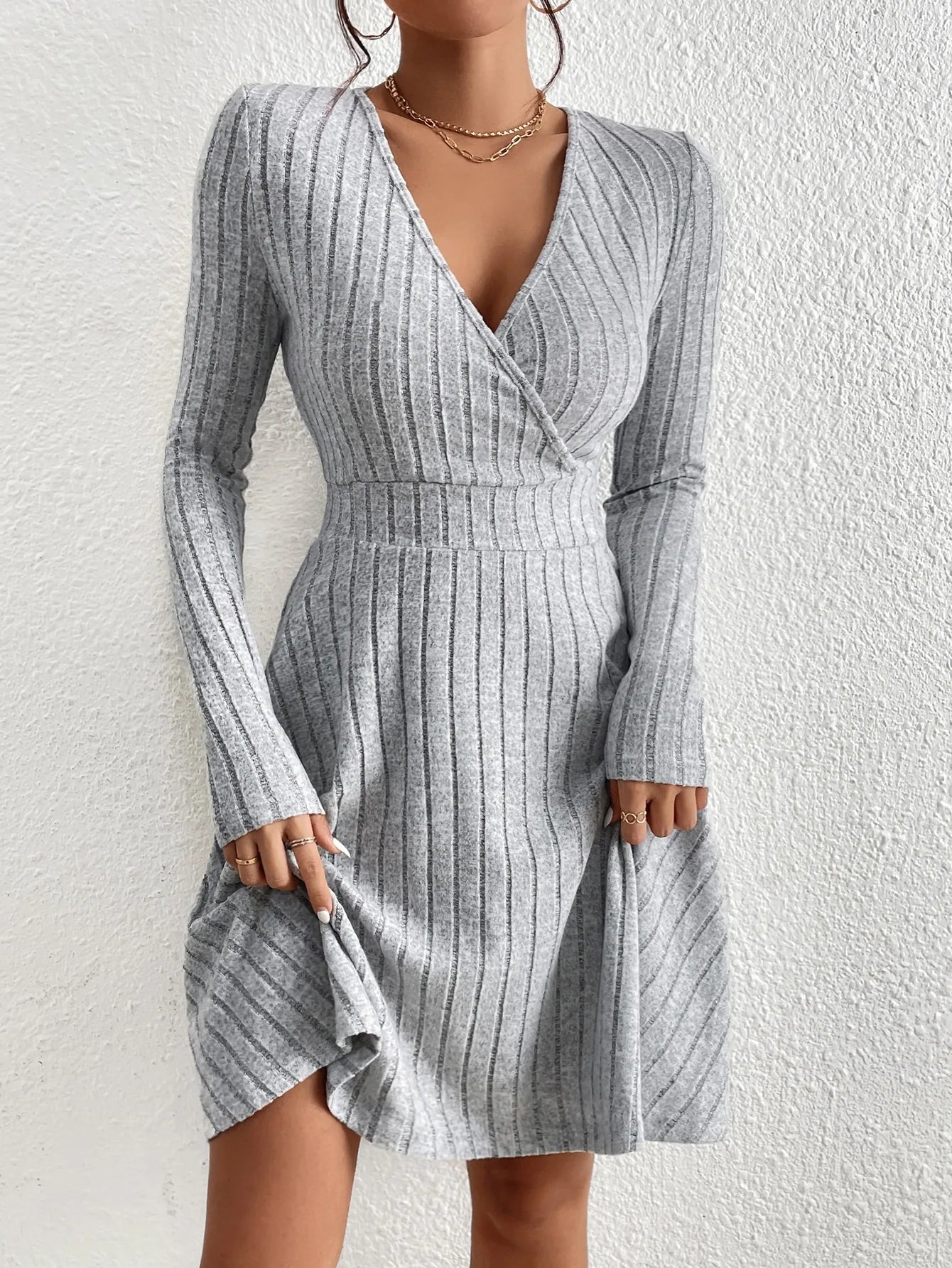 Women Knit Slim Sexy Bodycon Dress V-Neck Long Sleeve Dress Solid Casual Midi Sweater Dress