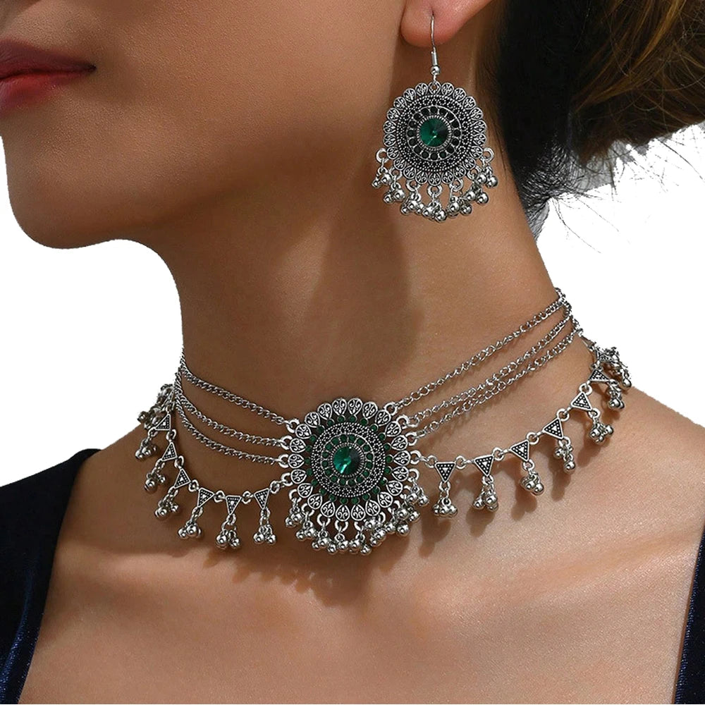 New Ethnic Vintage Women's Earrings Necklace Set Indian Jewelry Set Beads Tassel Dangling Earrings Set Women Accessory Gifts
