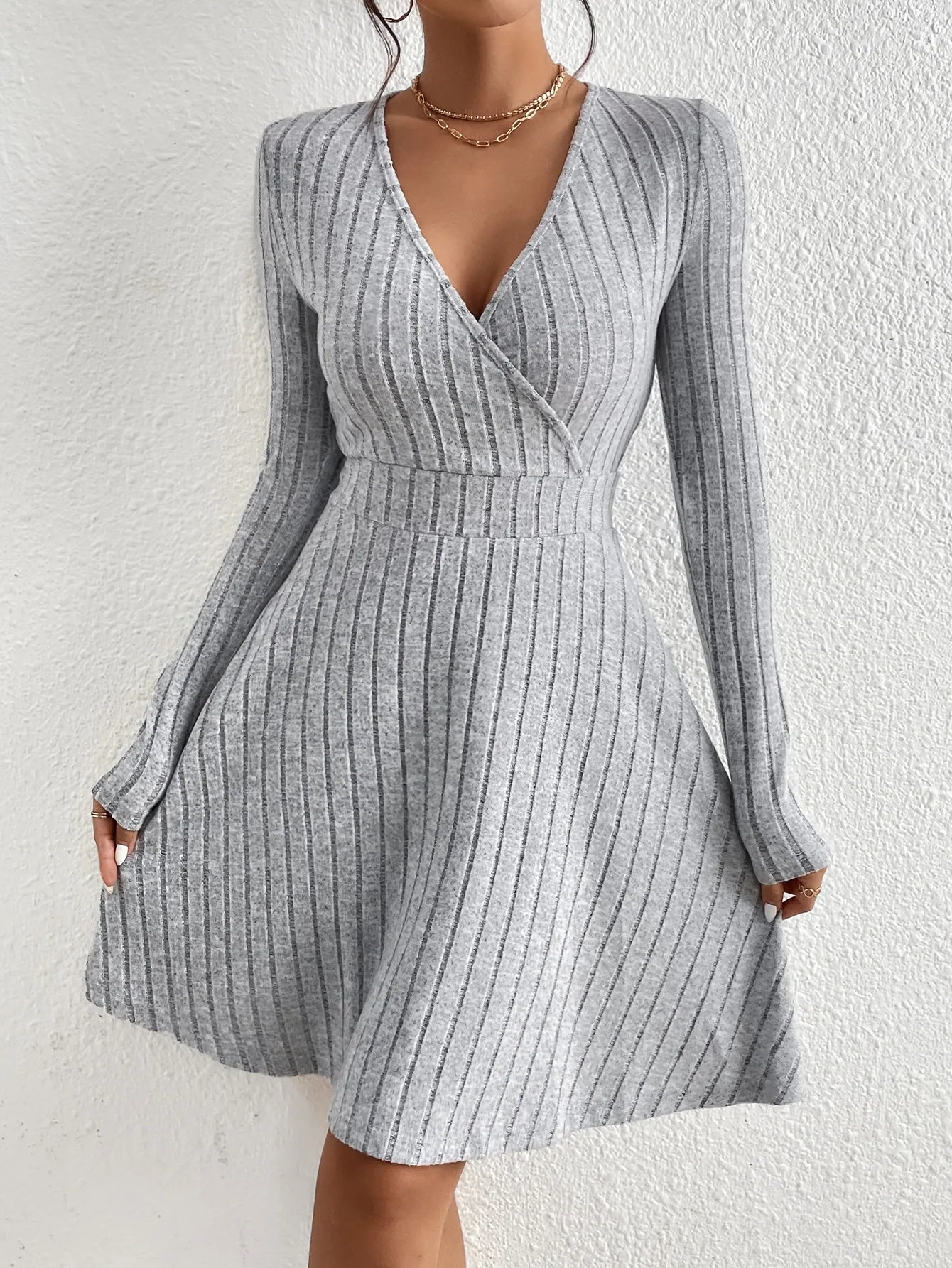 Women Knit Slim Sexy Bodycon Dress V-Neck Long Sleeve Dress Solid Casual Midi Sweater Dress