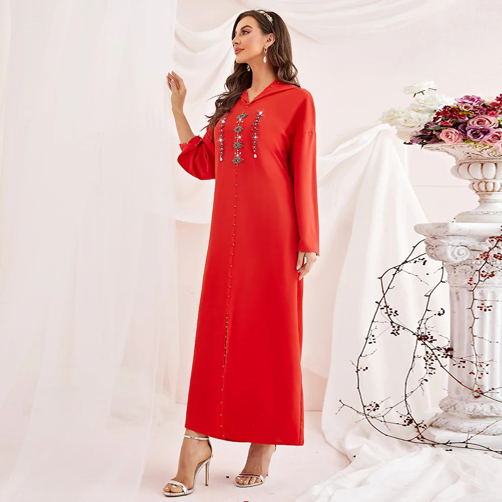 Abaya Muslim Maxi Long Sleeve Dress With Cap Women Diamond Arab Dubai Islamic Clothing Autumn New Loose Casual Turkey Robe