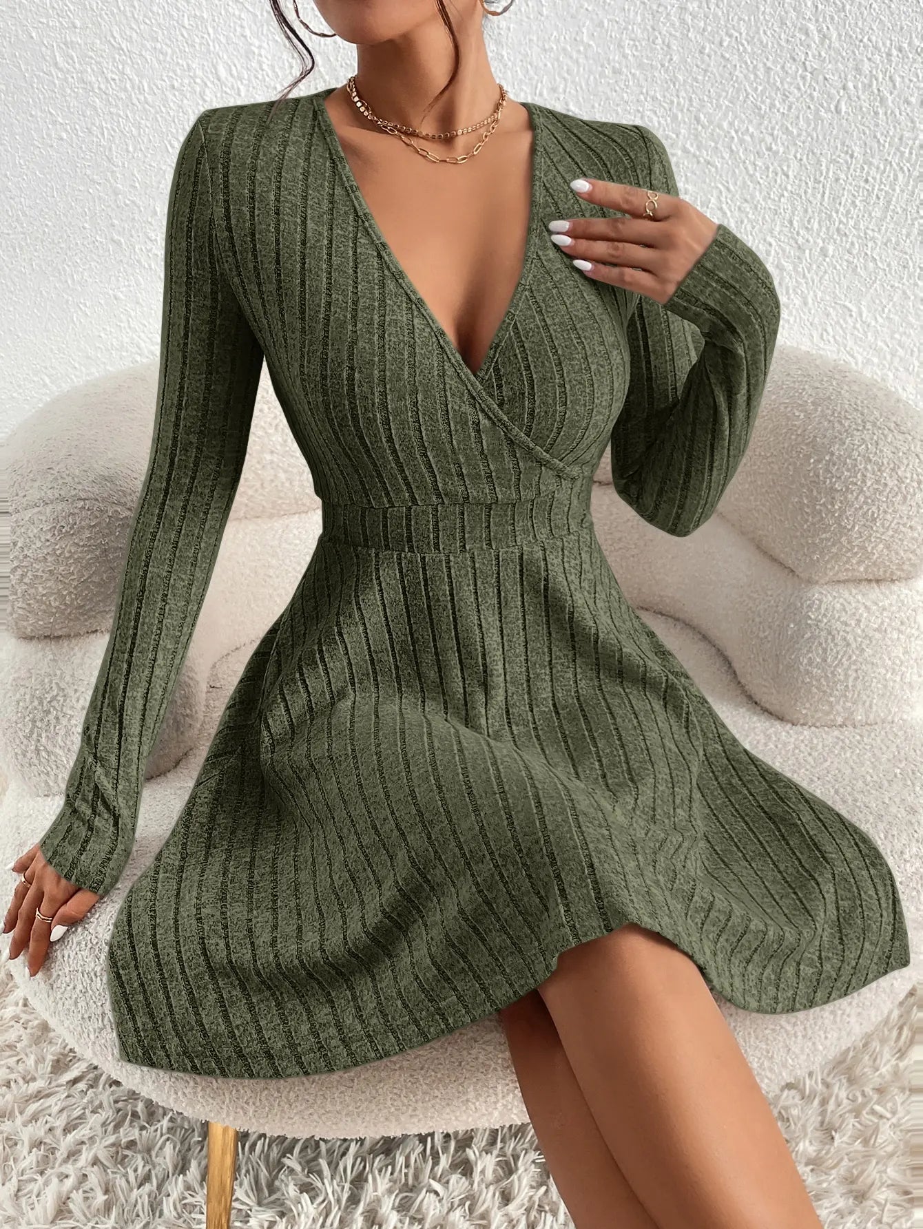 Women Knit Slim Sexy Bodycon Dress V-Neck Long Sleeve Dress Solid Casual Midi Sweater Dress