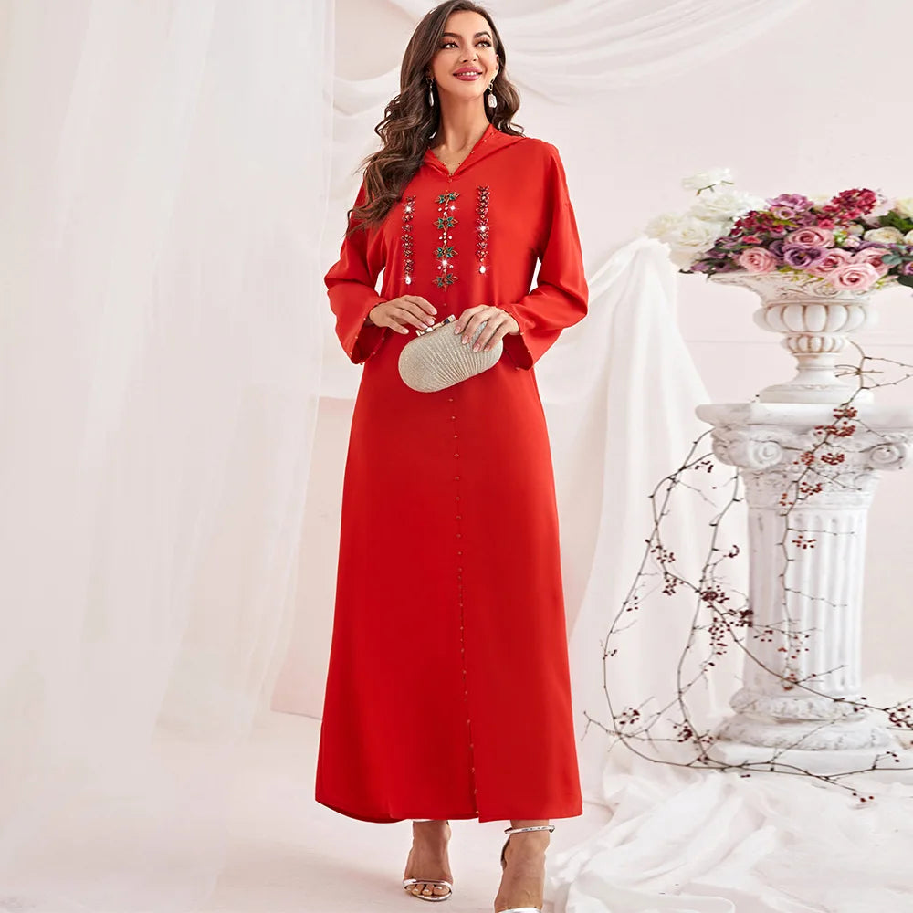 Abaya Muslim Maxi Long Sleeve Dress With Cap Women Diamond Arab Dubai Islamic Clothing Autumn New Loose Casual Turkey Robe