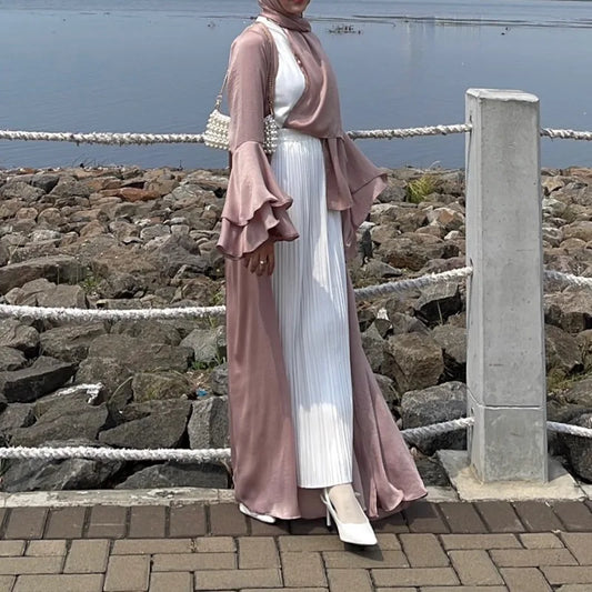 Muslim Abaya For Women Eid Dress 2 Piece Set Morocco Ramadan Satin Lace-up Abayas Kaftan Islam Cardigan Dubai Arab Long Robe